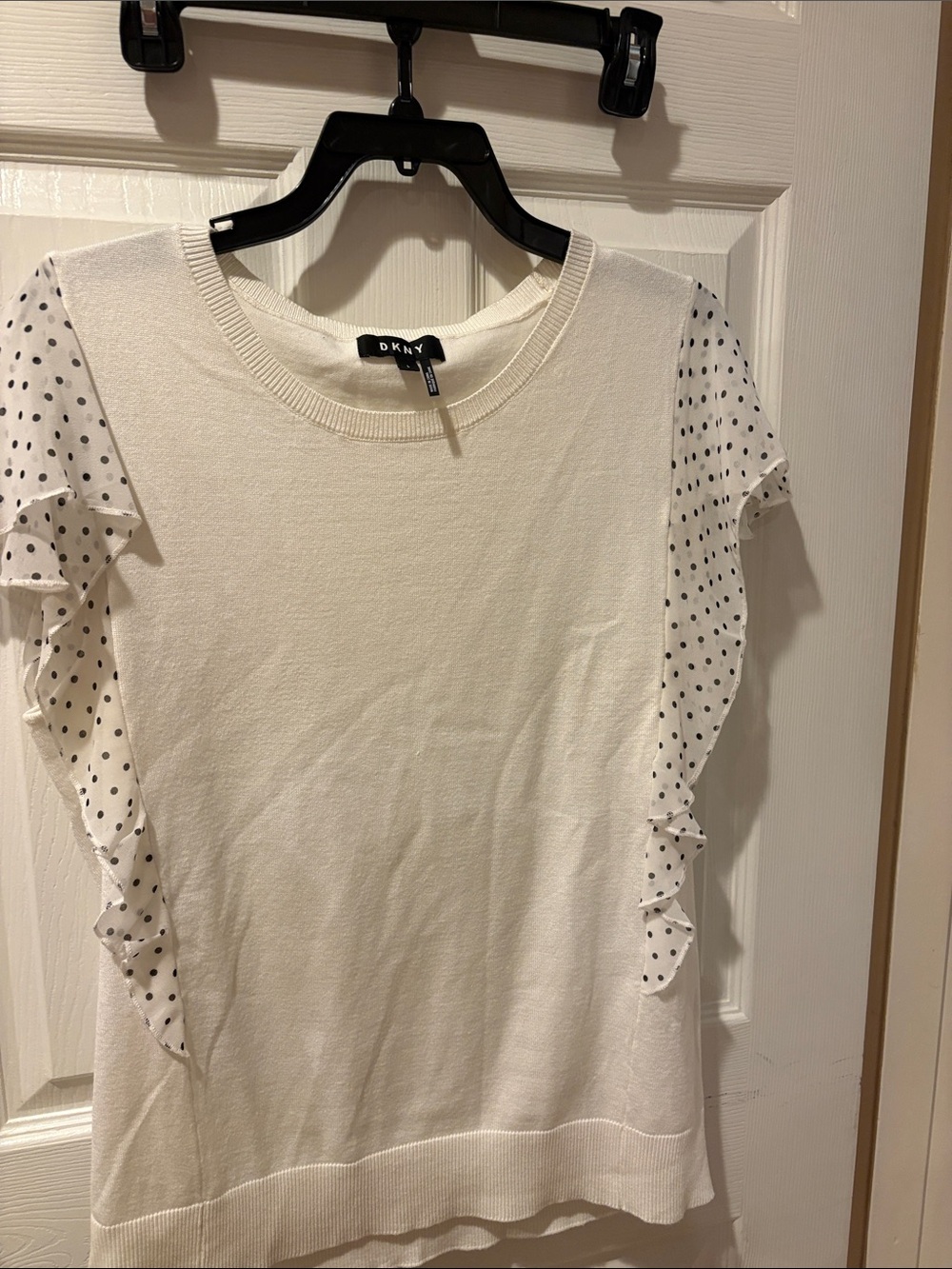 DKNY White Knit Top with Polka Dot Ruffle Sleeves